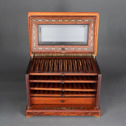 独角鹿西洋古董拿破仑三世时细木镶嵌母贝铜玻璃外壳多层雪茄柜盒 商品图0