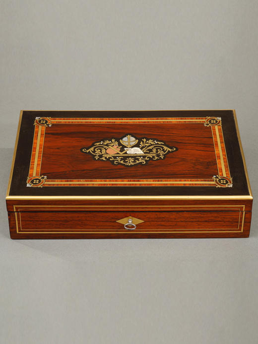 独角鹿西洋古董拿破仑三世乐谱画具母贝金属镶嵌木质珍宝盒文具盒 商品图0