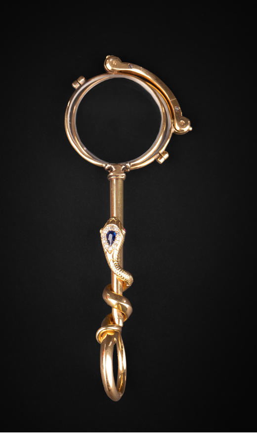 独角鹿西洋古董18K金镶钻石蓝宝石红宝石灵蛇手柄可折叠长柄眼镜 商品图2