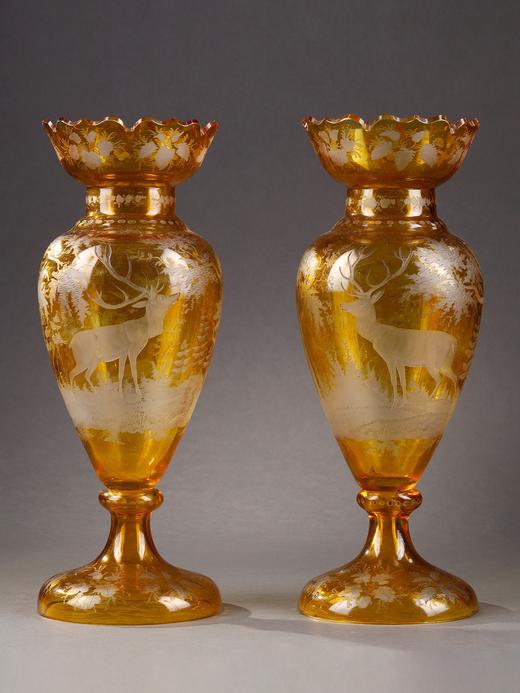 独角鹿西洋古董波西米亚地区林中鹿主题琥珀色波西米亚水晶花瓶 商品图0