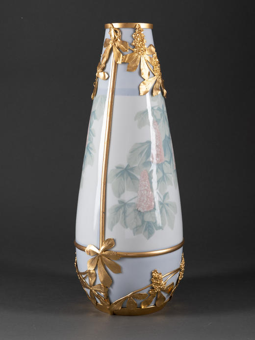 独角鹿西洋古董新艺术时期出品铜鎏金雕饰花穗主题手绘浮雕花瓶 商品图1