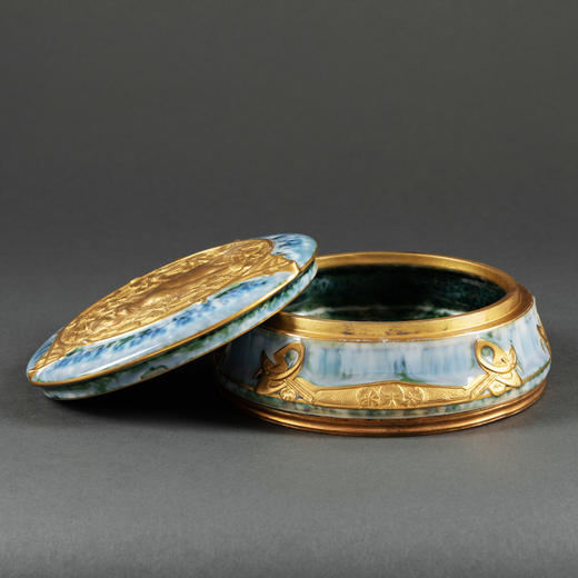 独角鹿西洋古董法国新艺术时期出品蓝色铜鎏金镶嵌瓷器珍宝盒 商品图2