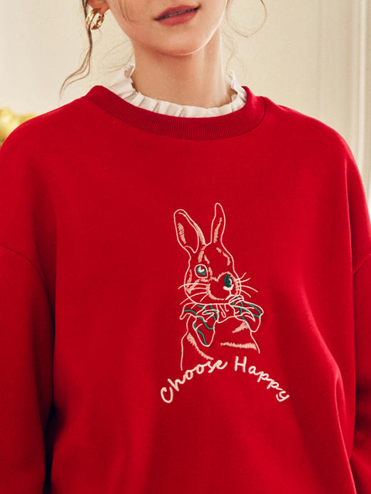 OLrain欧芮儿法式红色加绒卫衣女春季2025年新款宽松刺绣套头上衣 商品图1