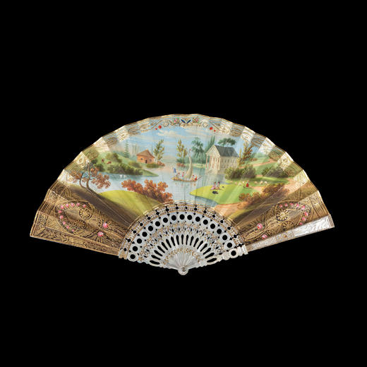 独角鹿西洋古董欧洲乡野美景手绘扇面描金镂雕母贝扇骨折扇   商品图0