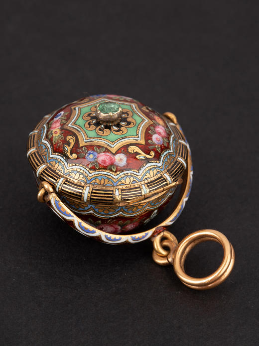 独角鹿西洋古董18k黄金珐琅嵌祖母绿彩色花卉纹样醒神盐瓶香水瓶 商品图1