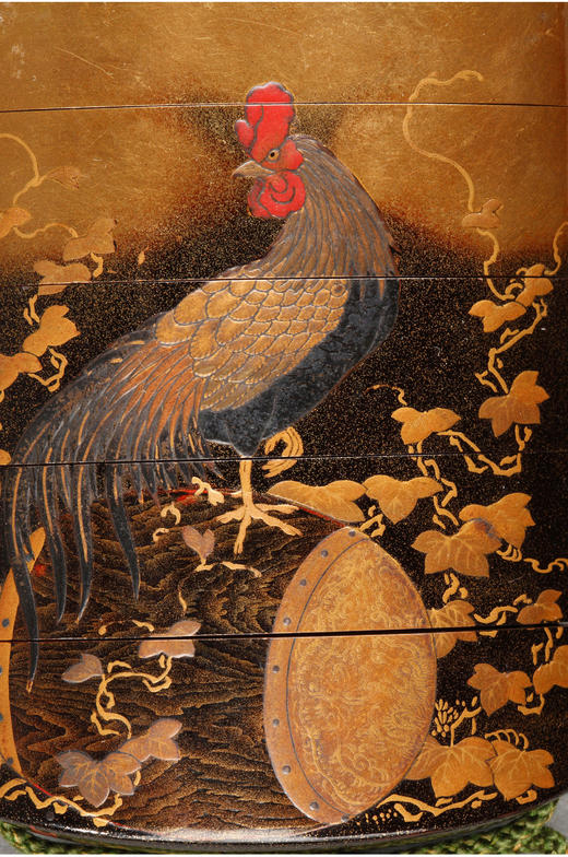 独角鹿西洋古董日本明治时期梶川签名黄杨木根付黑地金漆莳绘印笼 商品图3