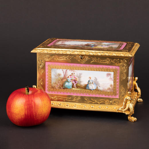 独角鹿西洋古董欧洲乡村场景陶瓷画丝绸内衬银镀金首饰盒珍宝盒 商品图1