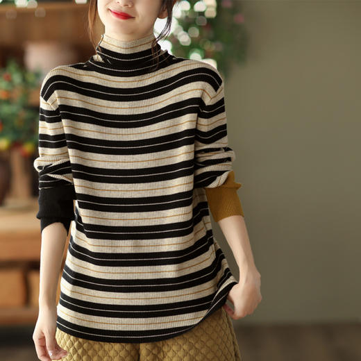 ZM-4652 复古条纹针织上衣加长袖显瘦套头内搭时尚毛衣打底衫 商品图3