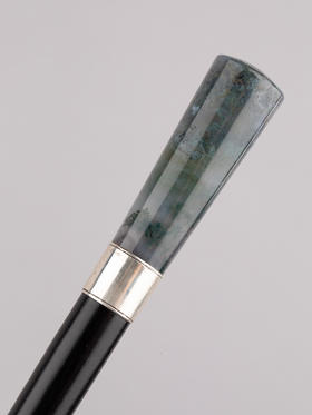 独角鹿西洋古董欧洲深绿色藓纹玛瑙杖柄银质杖圈硬木杖身古董手杖