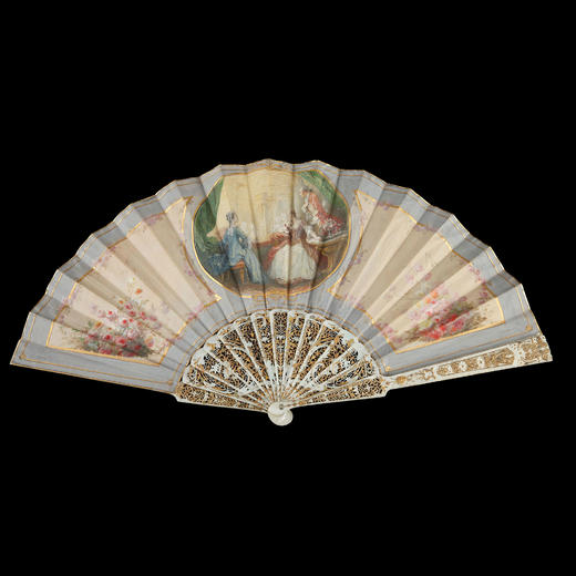 独角鹿西洋古董法国画师手绘纸面水粉扇面母贝描金扇骨双面折扇 商品图0