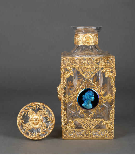 [订金]独角鹿西洋古董铜鎏金饰古典女子肖像蓝色琉璃浮雕水晶酒瓶 商品图3