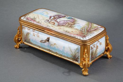 独角鹿西洋古董法国利摩⽇铜鎏⾦饰田园爱恋画珐琅珍宝盒首饰盒 商品图2