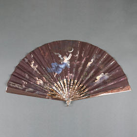 独角鹿西洋古董Gustave Lasellaz签名棕色母贝扇骨水粉画扇面折扇