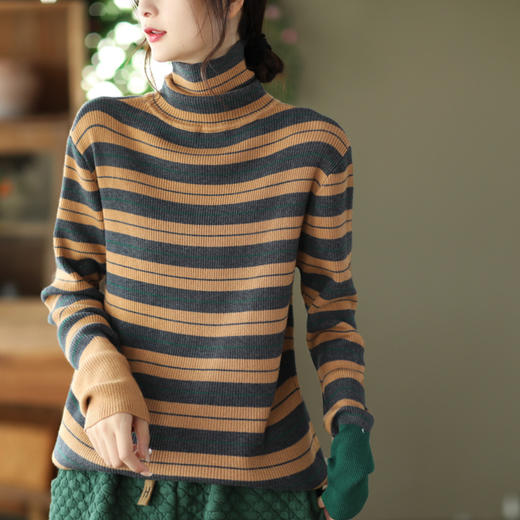 ZM-4652 复古条纹针织上衣加长袖显瘦套头内搭时尚毛衣打底衫 商品图1