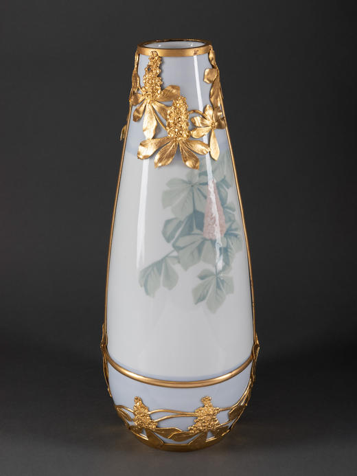 独角鹿西洋古董新艺术时期出品铜鎏金雕饰花穗主题手绘浮雕花瓶 商品图4