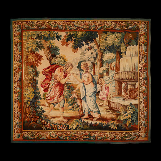 独角鹿西洋古董法国奥布松织造工坊爱之甘泉主题羊毛丝绸挂毯 商品图0