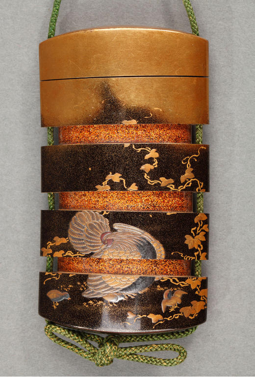 独角鹿西洋古董日本明治时期梶川签名黄杨木根付黑地金漆莳绘印笼 商品图1