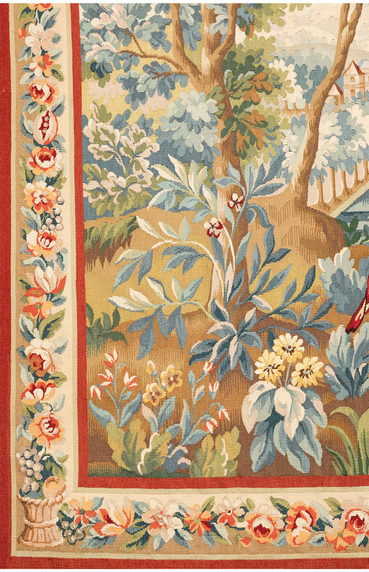 独角鹿西洋古董20世纪法国Aubusson郊林瑞鹤主题羊毛丝绸挂毯 商品图4