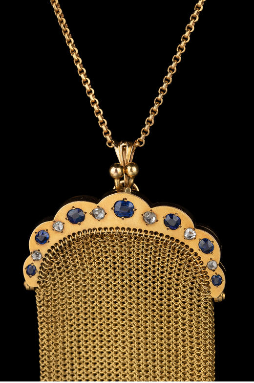 独角鹿西洋古董18K黄金镶嵌钻石蓝宝石配长链珠扣黄金编织零钱包 商品图2