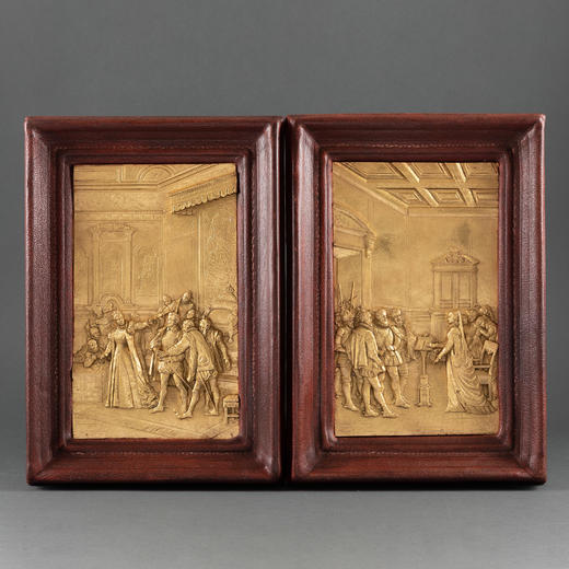 独角鹿西洋古董家居装饰19世纪法国金属镀金皇室主题浮雕挂饰一对 商品图0