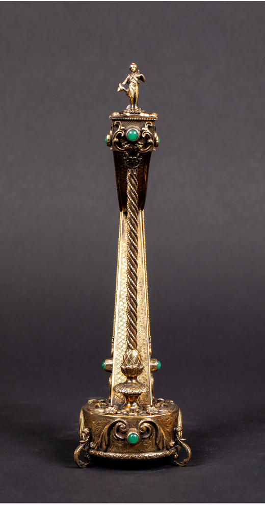 独角鹿西洋古董瑞士18弦竖琴造型雕刻纯银镀金嵌绿色玛瑙音乐盒 商品图2