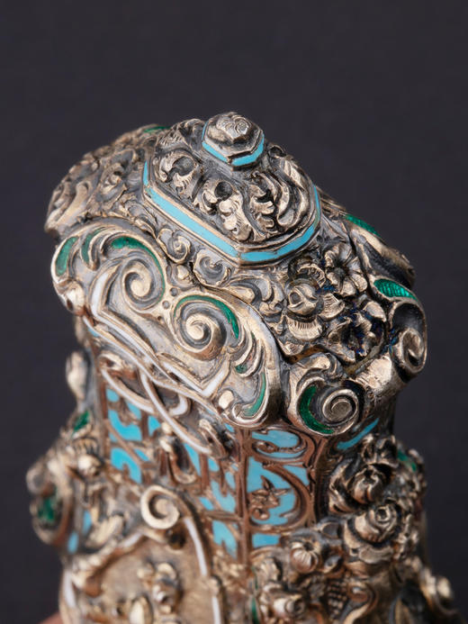 独角鹿西洋古董纯银镀金精雕修饰珐琅彩色花卉纹样醒神盐瓶香水瓶 商品图4