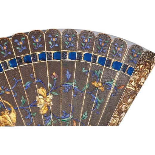 独角鹿西洋古董中国手绘缠枝莲装饰珐琅银镀金累丝烧蓝扇骨折扇 商品图4