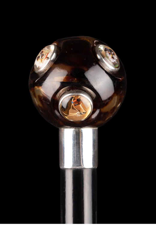 独角鹿西洋古董英国彩绘细密画装饰水晶球形杖柄黑漆硬木杖身手杖 商品图2