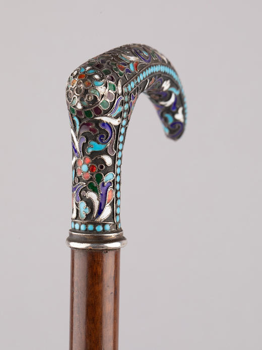独角鹿西洋古董俄罗斯花叶纹样彩色珐琅银质杖柄硬木杖身古董手杖 商品图4