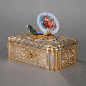 独角鹿西洋古董瑞士工坊出品珐琅银镀金方形鸟鸣音乐盒八音盒
