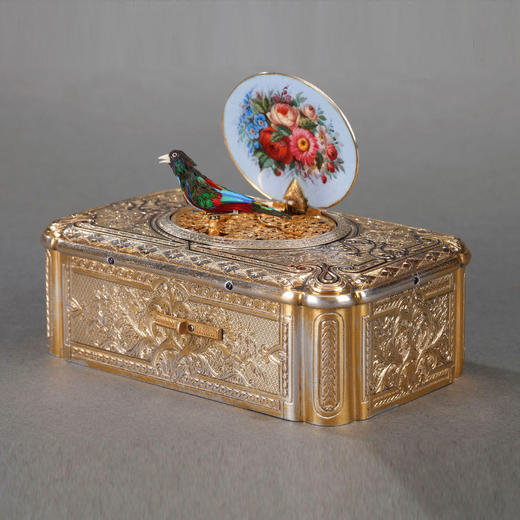 独角鹿西洋古董瑞士工坊出品珐琅银镀金方形鸟鸣音乐盒八音盒 商品图0