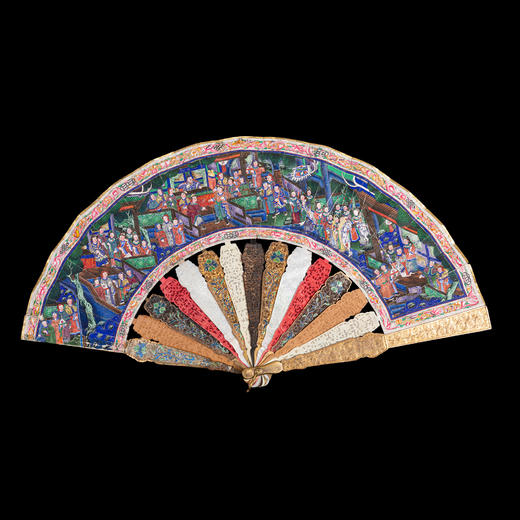 独角鹿西洋古董广东十三行银鎏金累丝烧蓝贝壳檀木双面手绘折扇 商品图0