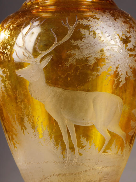 独角鹿西洋古董波西米亚地区林中鹿主题琥珀色波西米亚水晶花瓶 商品图4
