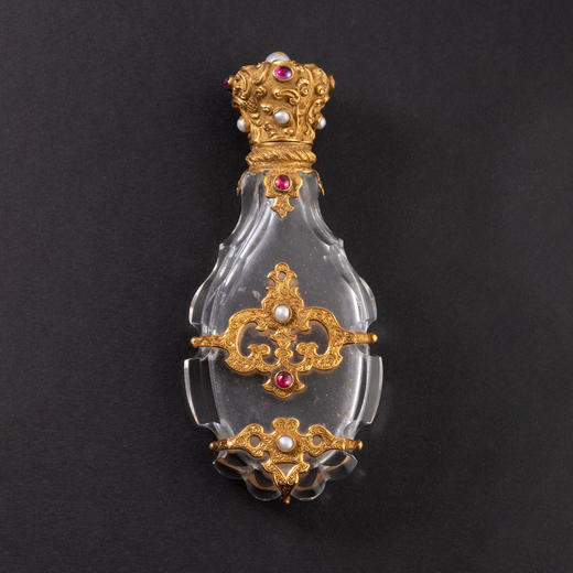 独角鹿西洋古董18K金雕饰镶嵌红宝石珍珠天然水晶香水瓶 商品图0