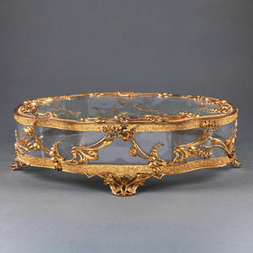 独角鹿西洋古董19世纪法国出品铜鎏金雕花镶嵌水晶首饰盒珍宝盒