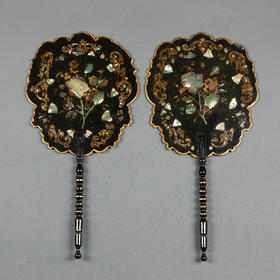 独角鹿西洋古董法国拿破仑三世时期漆面木制母贝镶嵌屏风扇一对