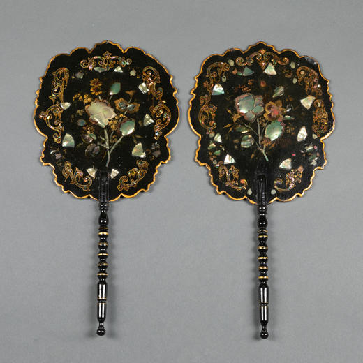 独角鹿西洋古董法国拿破仑三世时期漆面木制母贝镶嵌屏风扇一对 商品图0