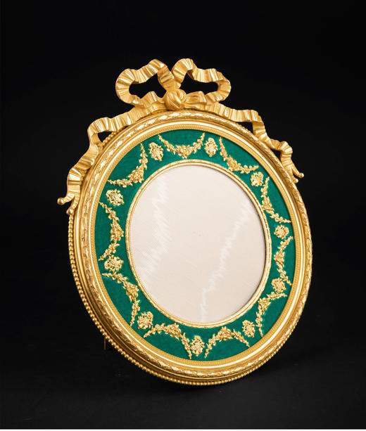 独角鹿西洋古董法国路易十六风铜鎏金浮雕镶嵌绿色天鹅绒圆形相框 商品图1