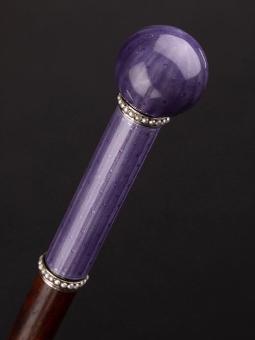 独角鹿西洋古董奥匈帝国银镶嵌珍珠紫色玑镂珐琅杖柄硬木杖身手杖 商品图2