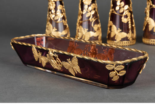 独角鹿西洋古董法国新艺术风格铜鎏金浮雕红水晶梳妆用具七套件 商品图4