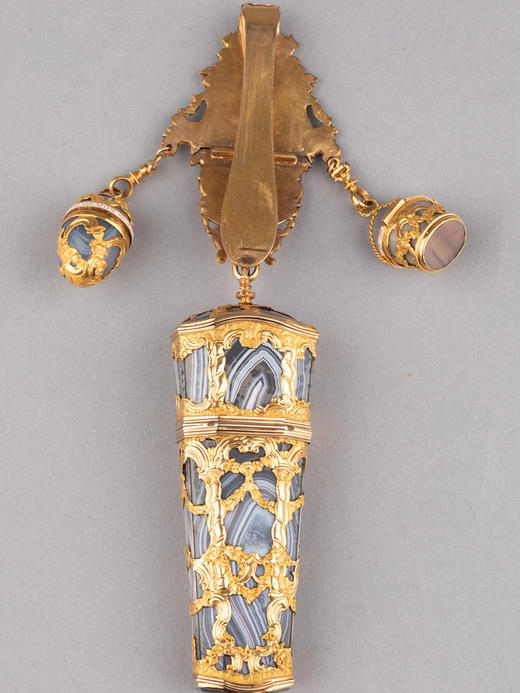 独角鹿西洋古董法国花卉卷叶黄金精雕玛瑙盒身腰链式缝纫套件 商品图1