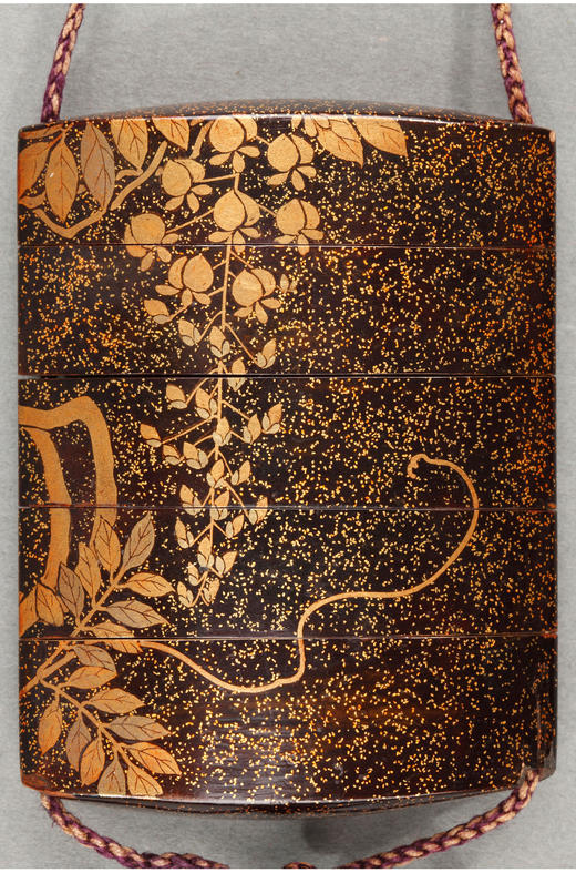 独角鹿西洋古董日本明治时期出品黑地金漆莳绘紫藤花卉图五段印笼 商品图1