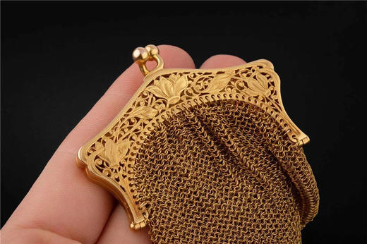 独角鹿西洋古董法国新艺术风格花卉雕刻18K黄金网状编织零钱袋 商品图3