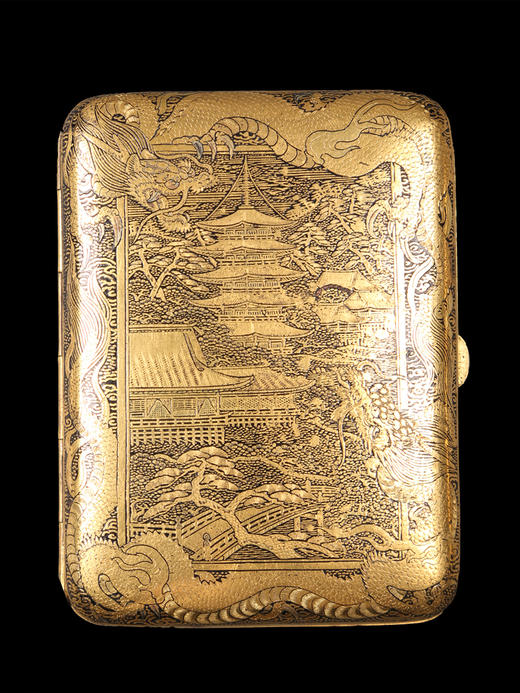 独角鹿西洋古董日本明治时期东方蟠龙与古塔庭园主题布目象嵌烟盒 商品图0