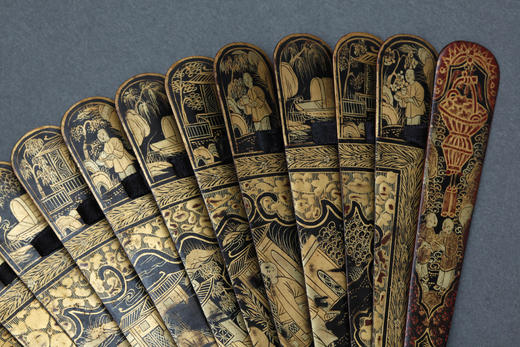 独角鹿西洋古董1900年代中国出品黑漆扇面折扇 商品图3