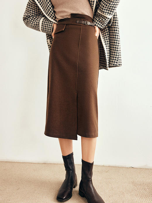 OLrain欧芮儿法式咖色毛呢半身裙女秋冬2023年新款高腰不规则裙子 商品图3