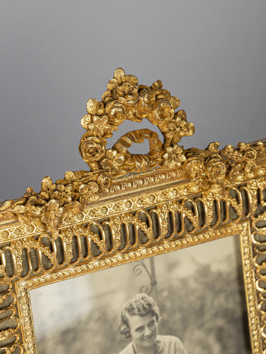 独角鹿西洋古董1890年代法国出品铜鎏金立体花朵装饰相框 商品图2