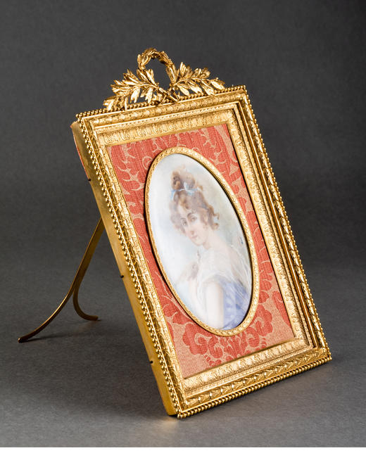 独角鹿西洋古董摆件法国路易十六风铜鎏金相框嵌手绘少女细密画像 商品图2