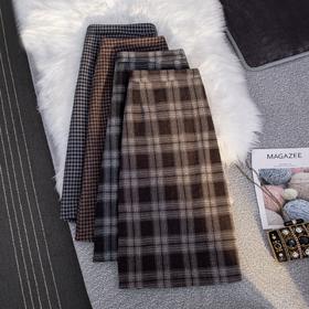 MZ11977 毛呢格子半身裙女中长款a字秋冬2022年新款加厚松紧高腰显瘦长裙