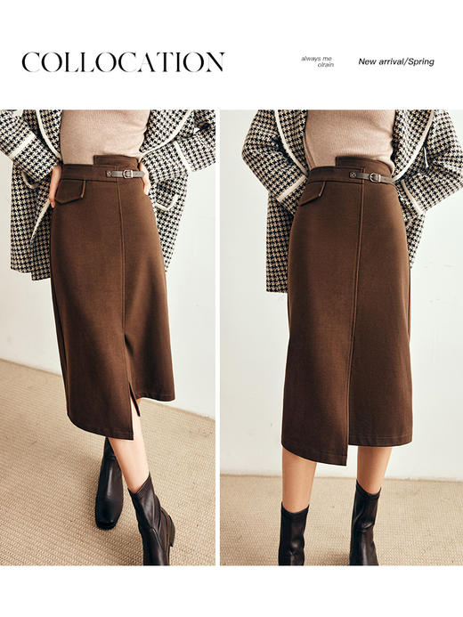 OLrain欧芮儿法式咖色毛呢半身裙女秋冬2023年新款高腰不规则裙子 商品图1